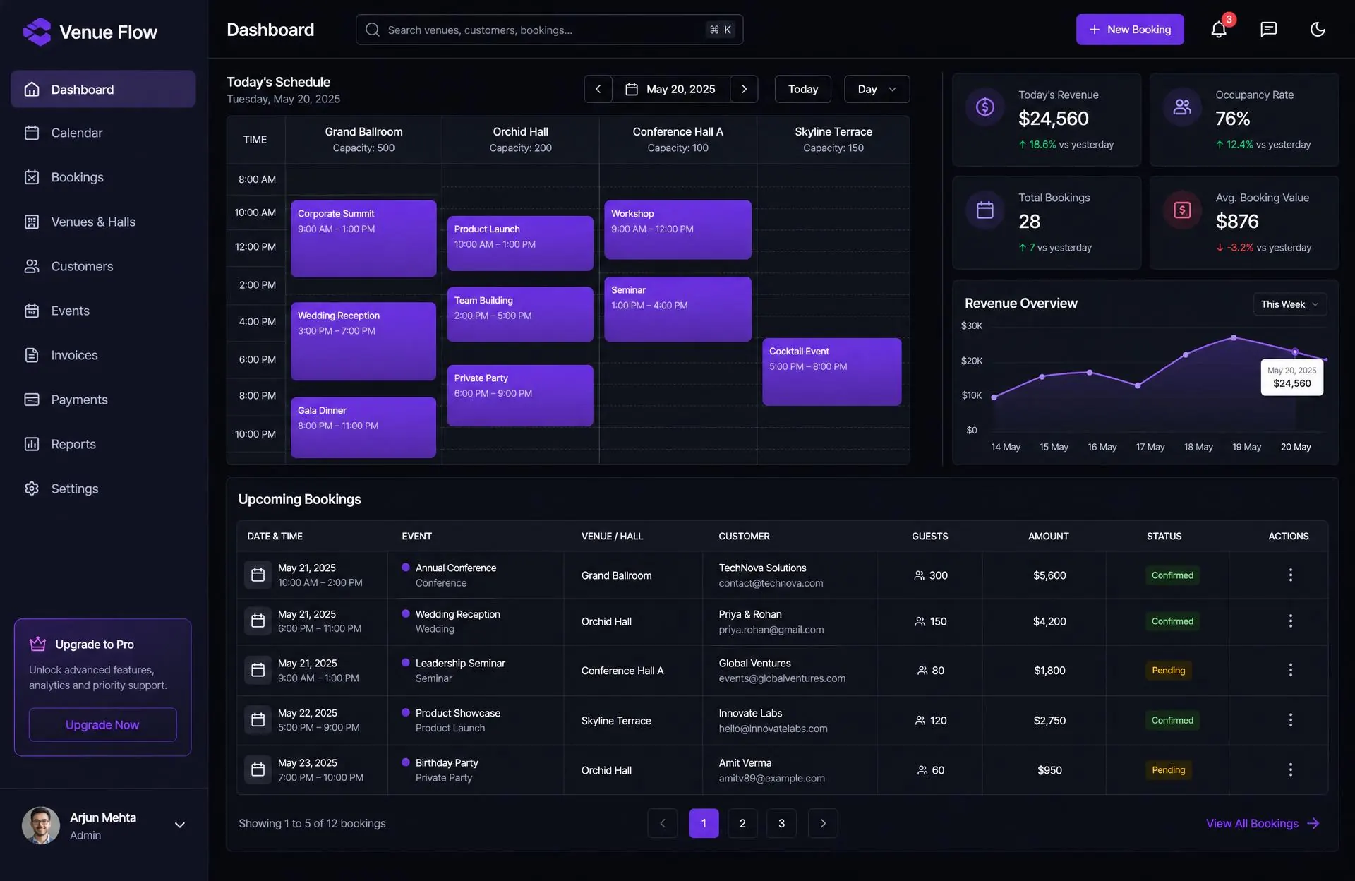 Venue Flow booking calendar and hall availability interface